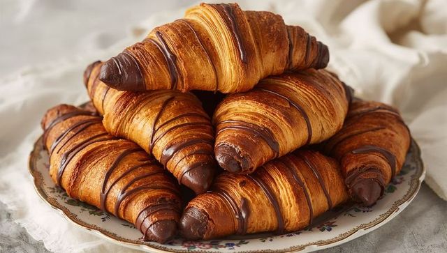 Chocolate-drizzled croissant stack on vintage floral plate with golden flaky layers