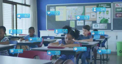 Students in classroom with digital social media interaction