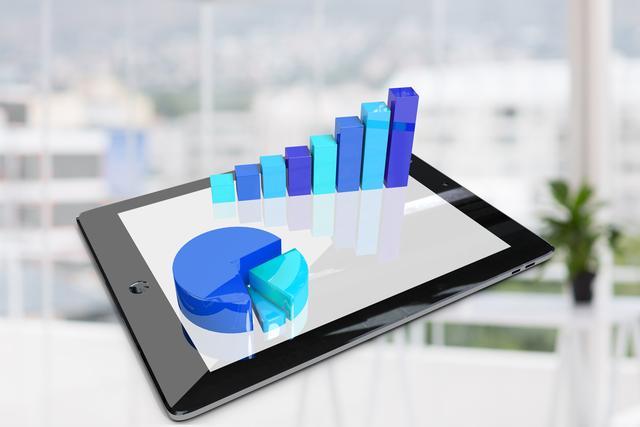 Digital tablet showing 3D graphs and charts, ideal for business analytics, data visualization, and financial presentations. Perfect for illustrating concepts of growth, progress, and modern technology in reports, websites, and marketing materials.