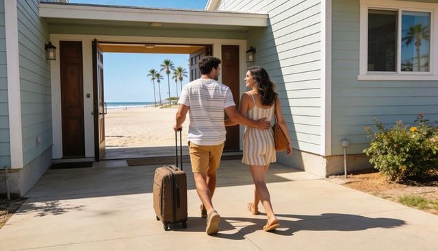 Couple walking through breezeway toward sunny beach with suitcase and summer romance vibes