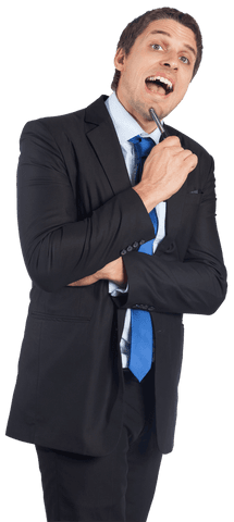 Caucasian Businessman Holding Pen with Pensive Expression on Transparent Background