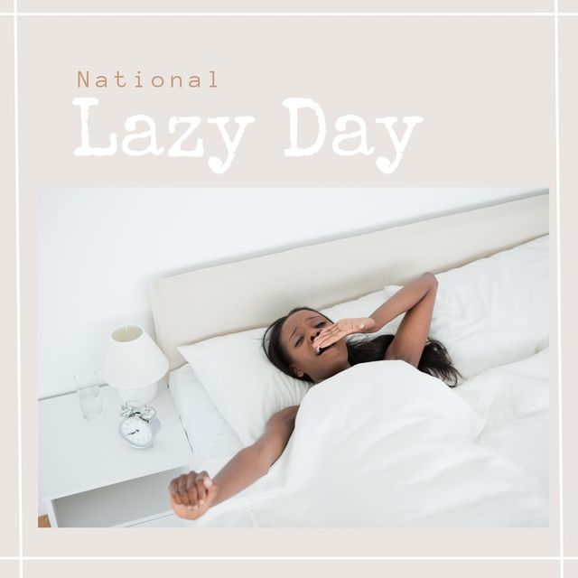 Composite of african american young woman yawning while lying on bed and national lazy day text. Sleeping, blanket, copy space, comfortable, idler, relaxation, leisure and celebration concept.