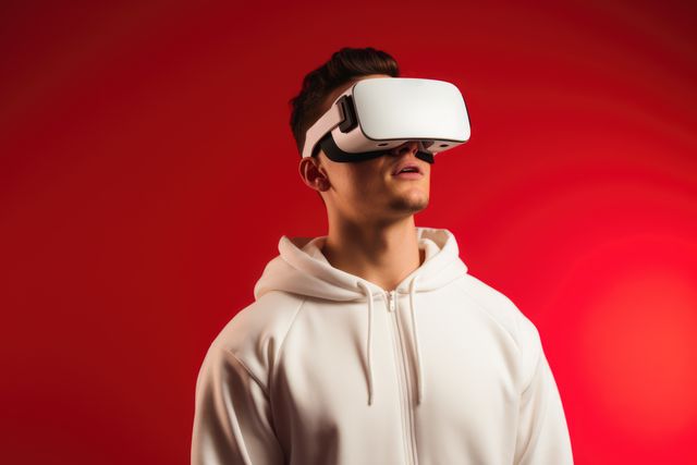 Caucasian man wearing vr and ar headset on red background, created using generative ai technology. Augmented and virtual reality and technology concept digitally generated image.