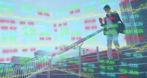 Businessman Walking Through Financial Data in Urban Setting