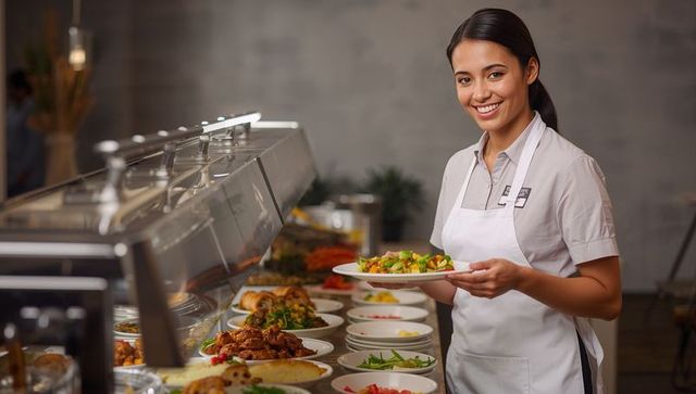 Smiling server presenting fresh salad at buffet counter with sneeze guard