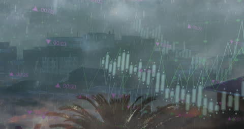 Financial Data Overlaid on Rainy Cityscape Panorama
