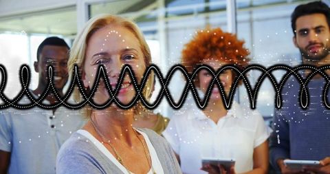 Leading diverse workplace team with confident mature woman and digital waveform overlay