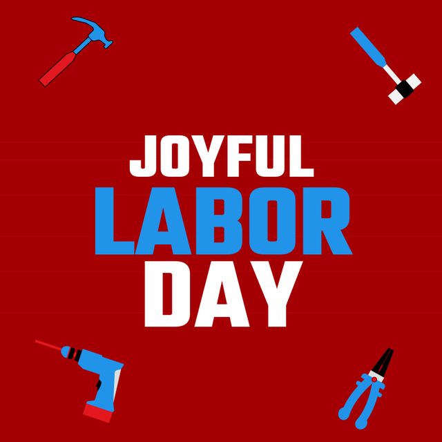 Illustrative image of joyful labor day text with various hand tools against red background. Copy space, vector, employment, honor, freedom, celebration and holiday concept.