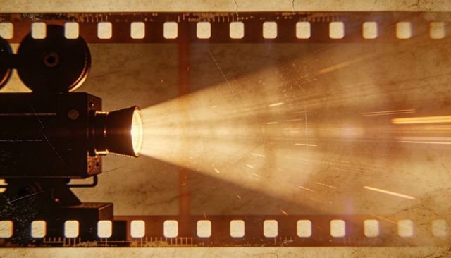 Vintage twin-reel projector beaming sepia light through grainy filmstrip border