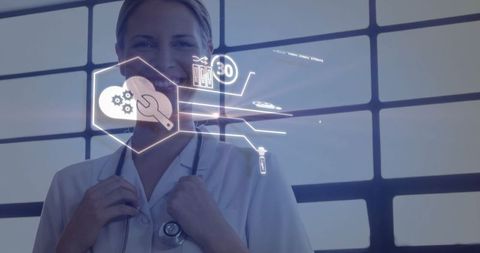 Female doctor presenting holographic medical technology