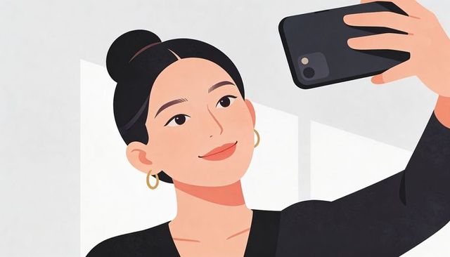 Confident asian woman taking selfie with smartphone in minimalist studio with gold hoops
