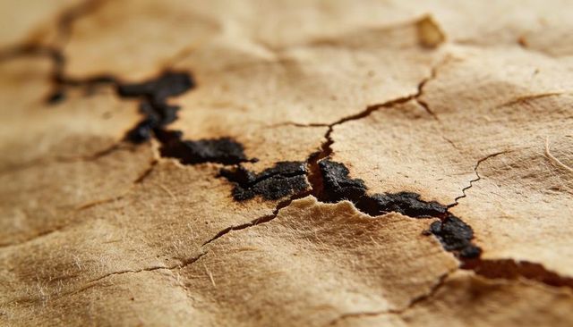 Macro cracked paper revealing charred fissure and fibrous texture in warm brown tones