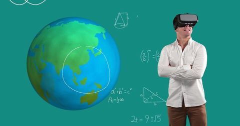 Man using vr headset visualizing mathematical concepts and earth