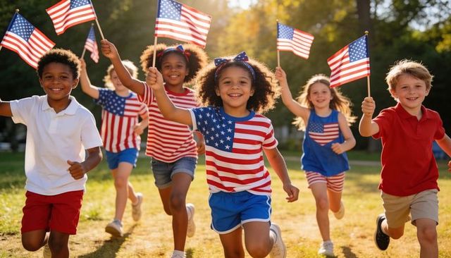 Diverse children running and waving american flags, smiling and celebrating outdoors