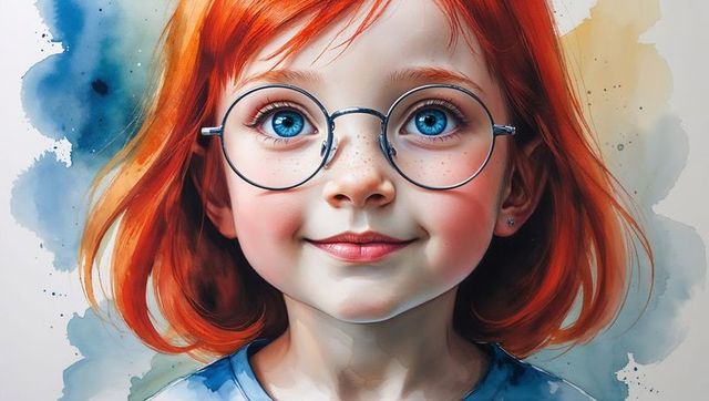 Entrancing Red-Haired Child Adorned with Glasses in Artistic Watercolor Portrait