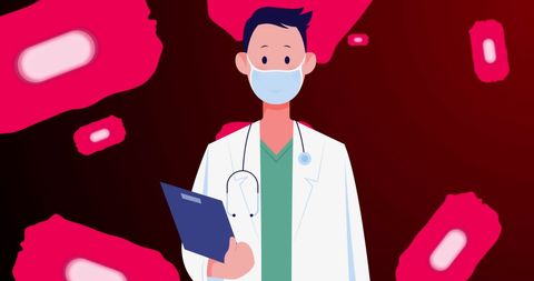 Masked Doctor with Medical Clipboard Over Microscope View