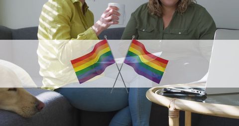 LGBTQ Couple Celebrating Pride with Rainbow Flags at Home