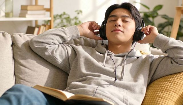 Young man relaxing on sofa listening to music and reading novel in sunlit living room