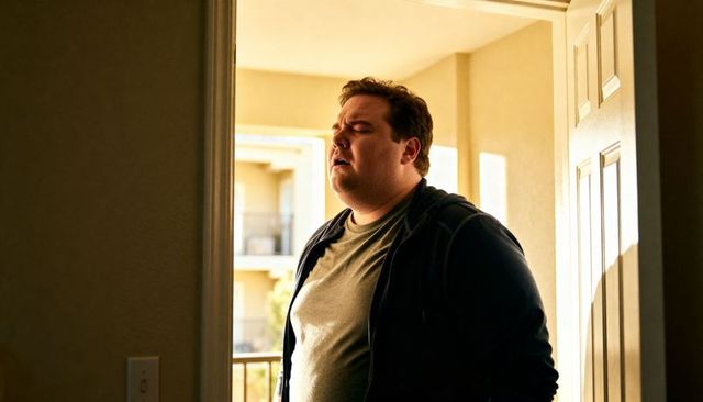 Tired man pausing in sunlit apartment doorway late afternoon, contemplative moment