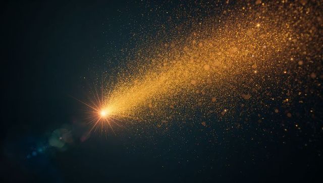 Streaming Golden Particles Crossing Deep Blue Space with Starburst Glow