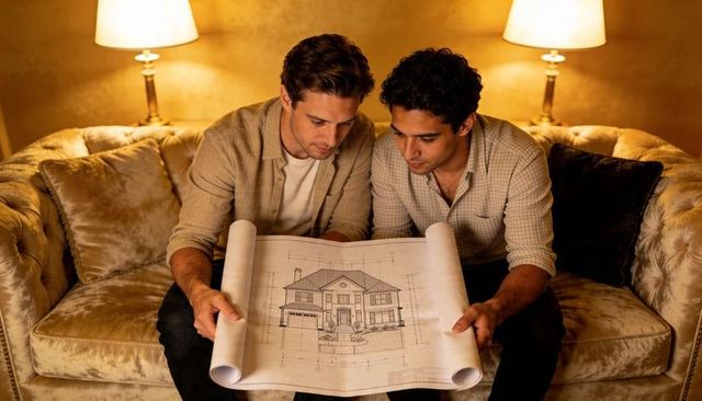 Reviewing home blueprint on velvet sofa, two men collaborating on house design plans