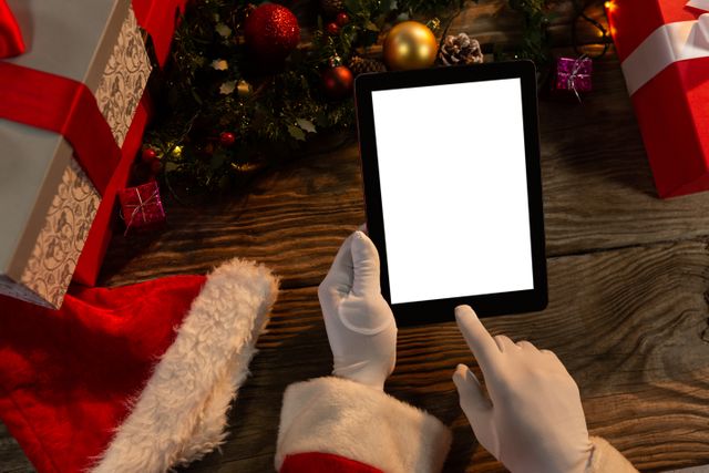 Santa Claus hands using digital tablet with gifts