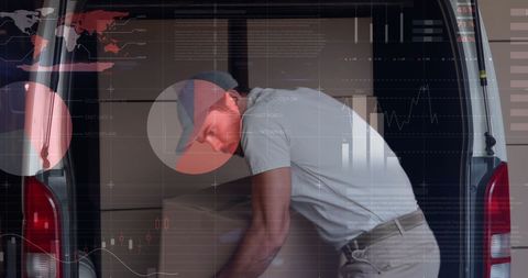 Delivery man loading boxes with data overlays