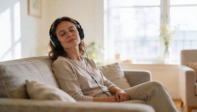 Woman relaxing on sofa listening to music with wired headphones in calm cozy living room