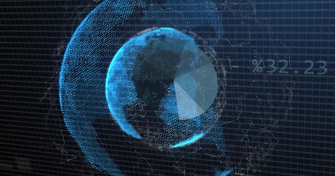 Rendering 3D holographic globe with rotating data rings and pie wedge in neon blue UI