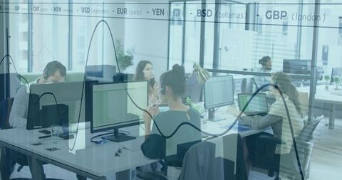 Team Collaborating in Modern Office with Financial Analytics Overlay