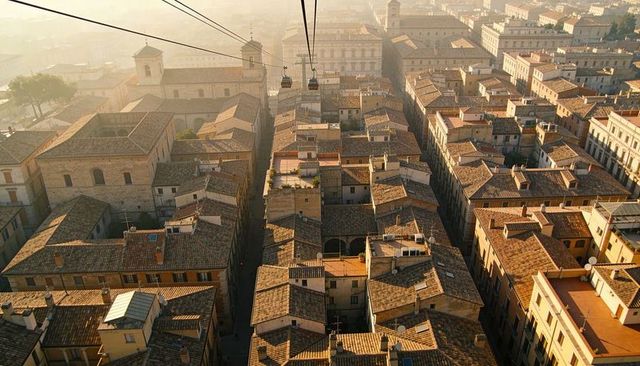 Two gondolas gliding over terracotta rooftops of historic italian city at golden hour