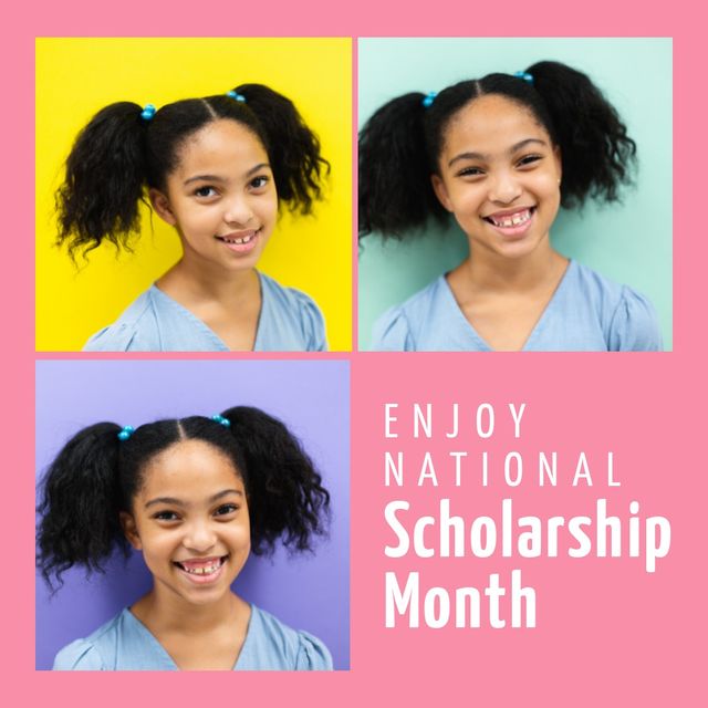 Image of smiling biracial girl creating a positive, cheerful vibe, featuring three different expressions to celebrate National Scholarship Month. Perfect for educational campaigns, scholarship promotions, school advertisements, and social media posts advocating for academic opportunities and educational programs.
