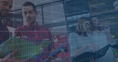 Financial Analysts Collaborating with Virtual Data Overlay