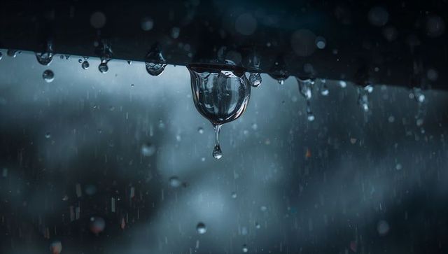 Close-up of droplet hanging from gutter during rainfall