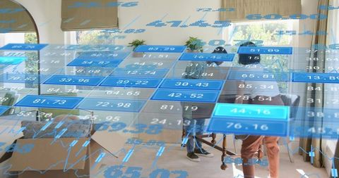 Couple unpacking and assembling wooden table at home with augmented reality data overlay