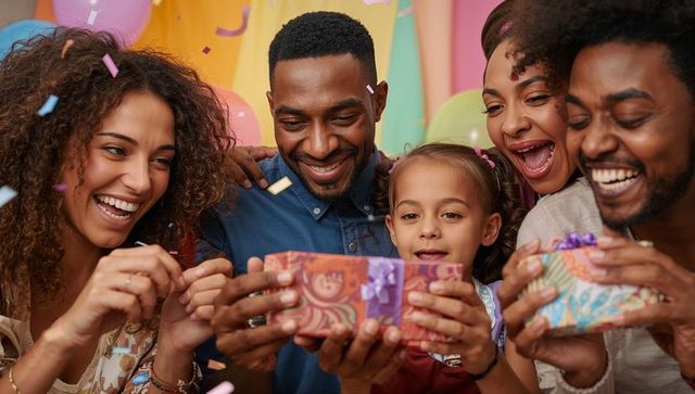 Diverse family celebrating birthday surprise with wrapped gifts, balloons and confetti