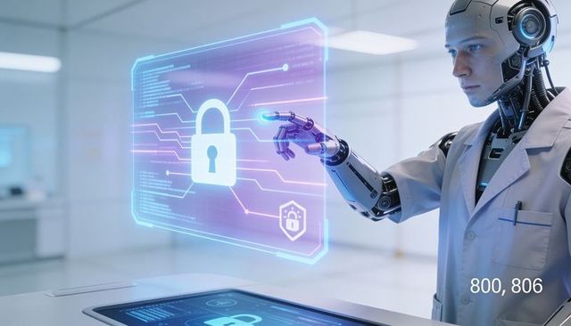 Humanoid robot interacting with holographic security interface for ai cybersecurity system