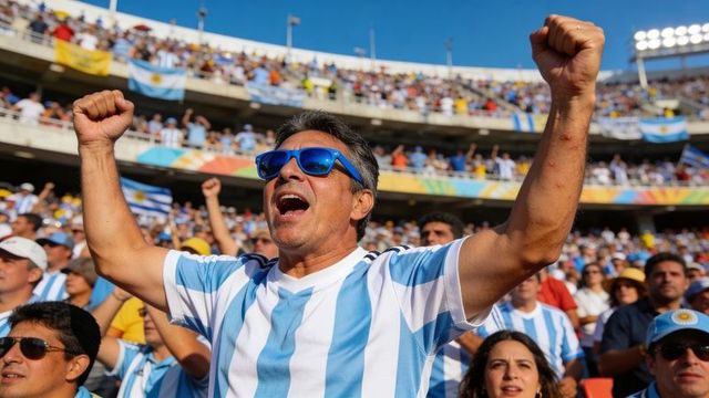 Passionate argentine football fan cheering with arms raised wearing blue sunglasses