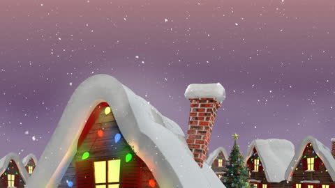 Snowy Winter Scene with Cozy Lit Houses and Falling Snowflakes
