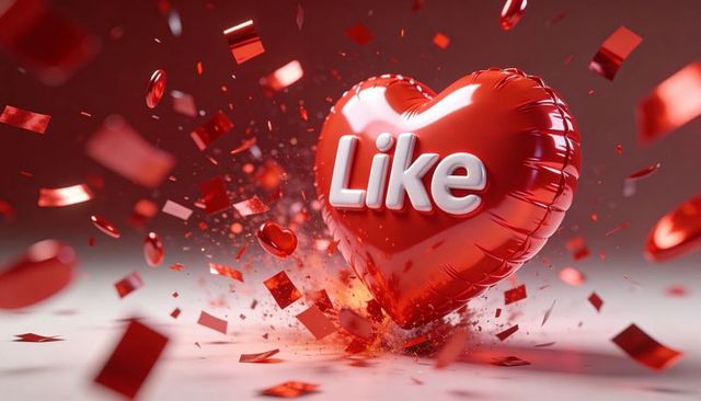 Bursting glossy red heart balloon with like lettering and flying confetti for valentine