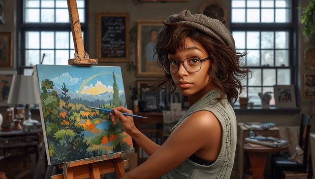 Teen artist painting vibrant landscape on easel in cozy art studio wearing beret, glasses
