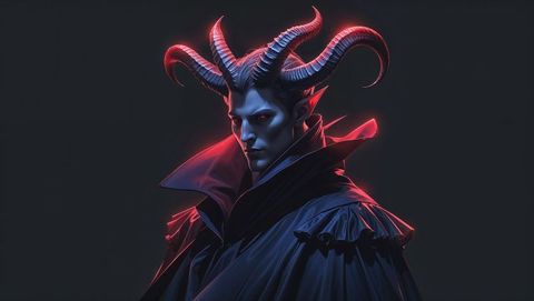 Hooded horned demon with glowing red eyes in void