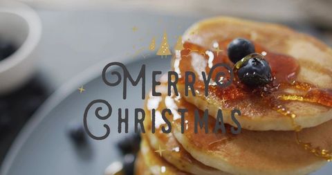 Festive Blueberry Pancake Stack with Warm Maple Syrup and Merry Christmas Overlay