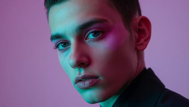 Youthful model with vibrant lighting and bold makeup