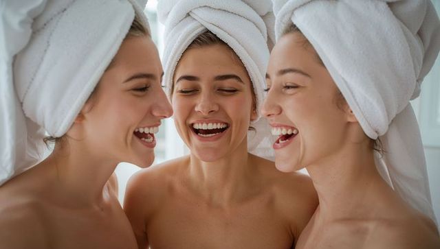 Three women laughing in white towel turbans sharing spa skincare bonding moment