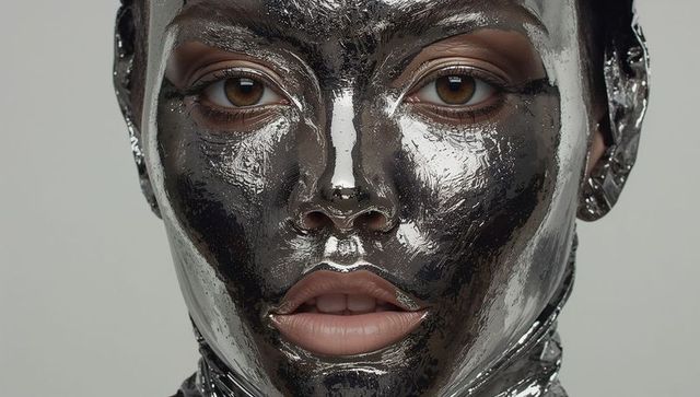 Closeup portrait showing chrome face wrap with reflective metallic makeup and glossy finish