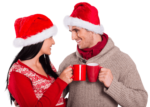 Festive Couple Smiling in Christmas Hats Holding Mugs on Transparent Background