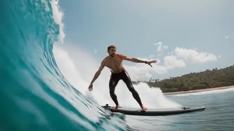 Surfer Carving Turquoise Barrel Toward Tropical Shoreline on Longboard