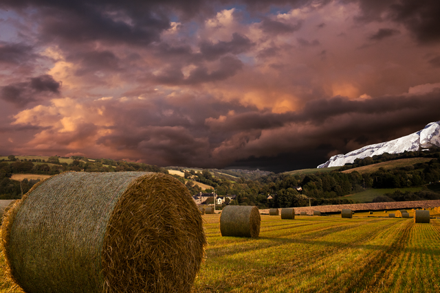 Transparent farming field with hay bales under dramatic, cloudy sky, harvesting concept - Download Free Stock Videos Pikwizard.com