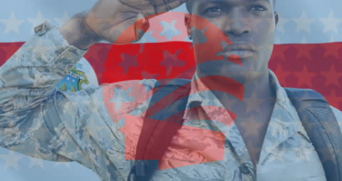 American Soldier with Flag Double Exposure Saluting